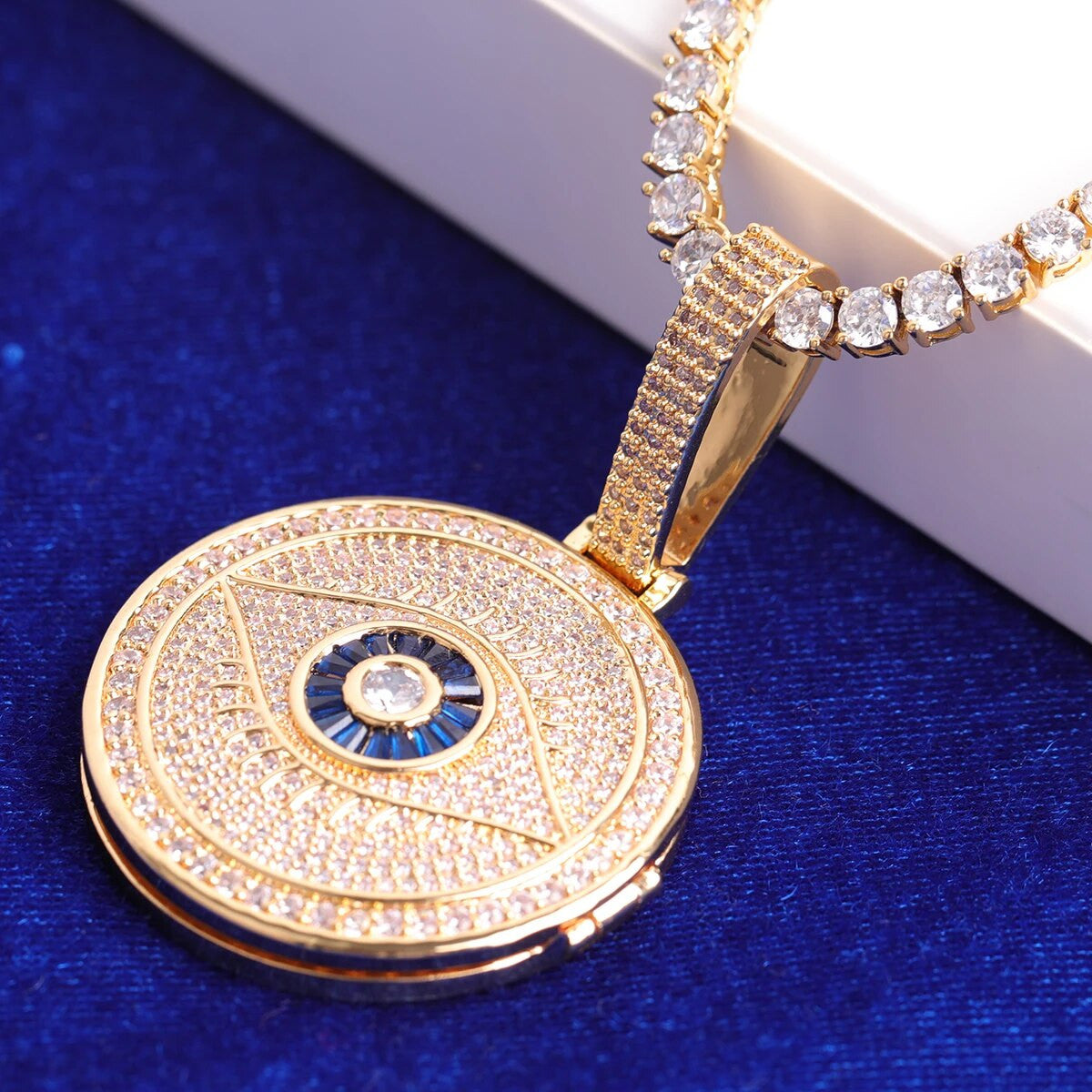 All Seeing Eye Flooded Ice Hip Hop Photo Picture Pendant Micro Pave Chain Necklace