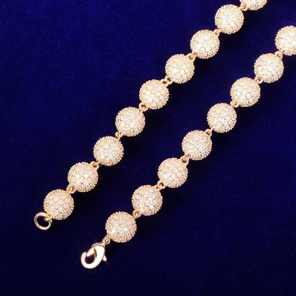 24k Gold .925 Silver 10mm Flooded Ice AAA Micro Pave Ball Round Bead Hip Hop Chain