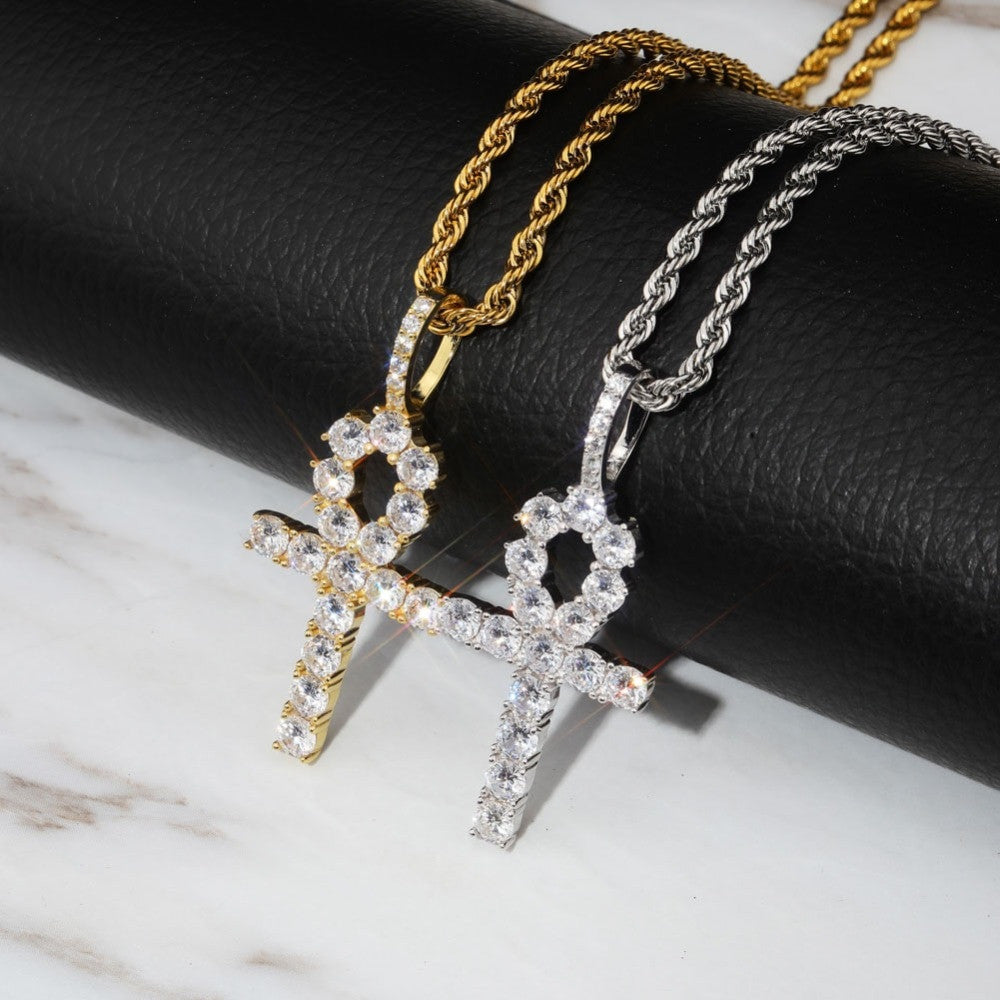 Key Of Life 925 Sterling Silver Iced Ankh Cross Egyptian Pendant Necklace