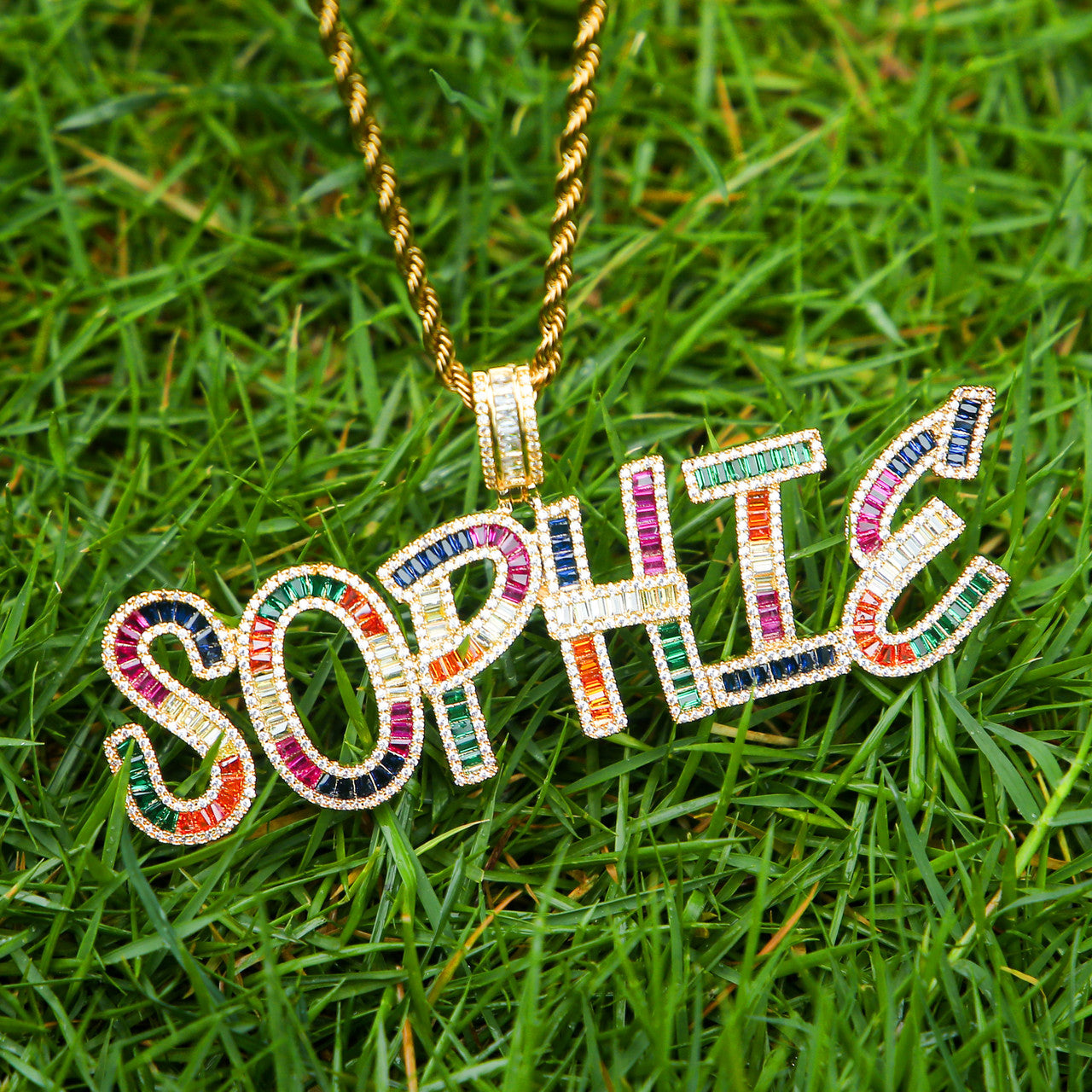 Flooded Ice Candy Colored Baguette Custom Name Plate Hip Hop Pendant Chain Necklace