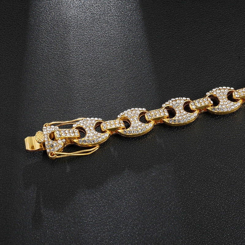 Iced Multi-Color 12mm Simulated Diamond 14k Gold Silver G Link Coffee Bean Bracelets