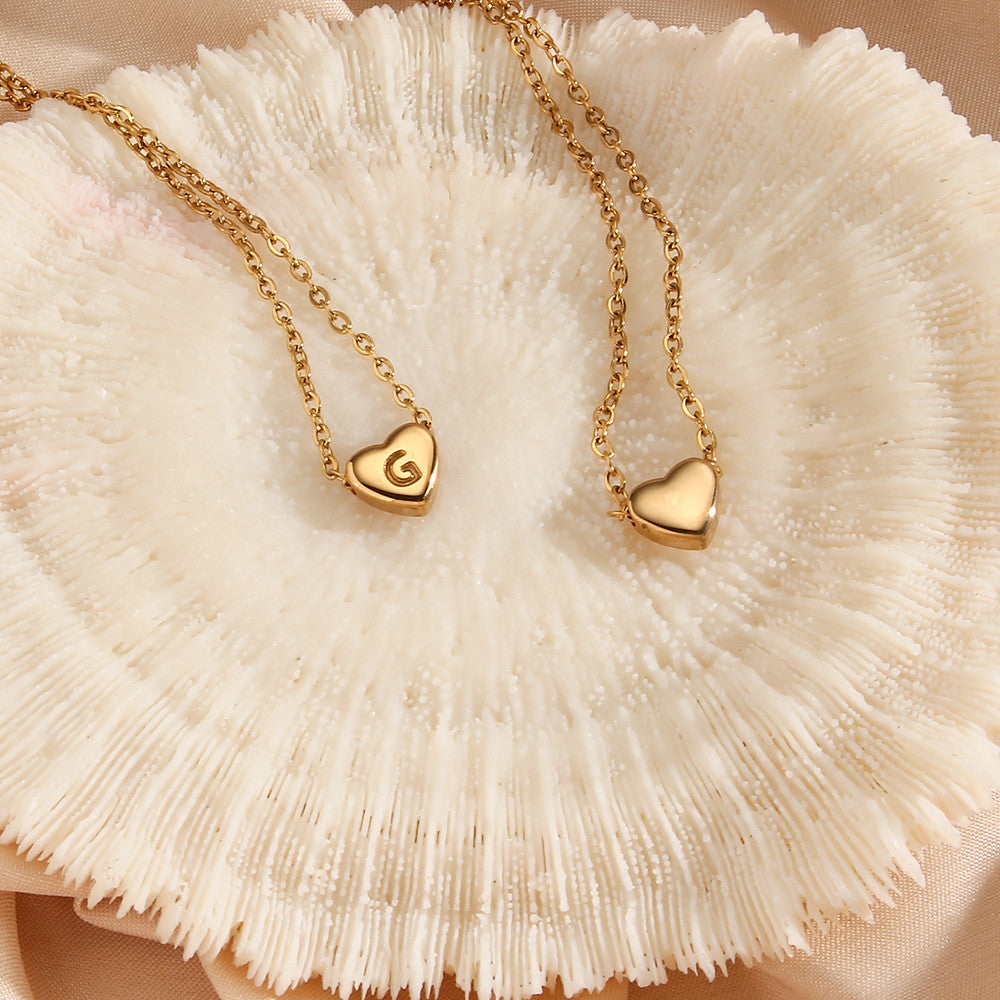 18k Gold Big Love Small Heart Initial Letter Solid Stainless Steel Chain Necklace