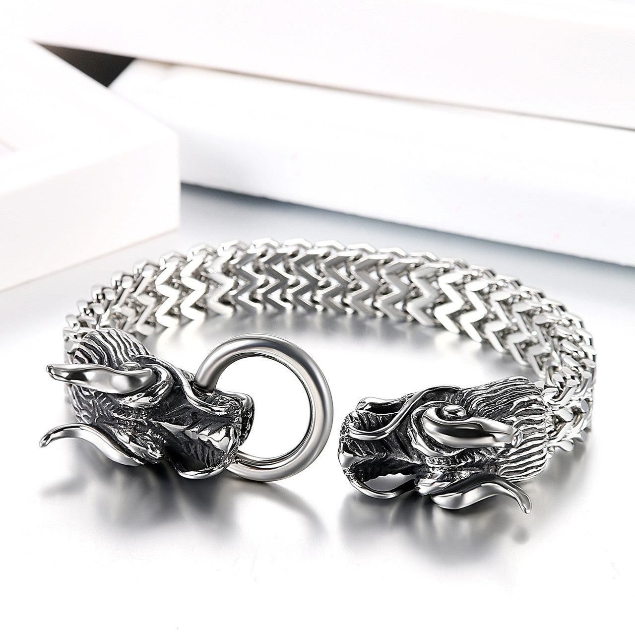 Mens 316L Stainless Steel Foxtail Chinese Style Dragon Chain Bracelet