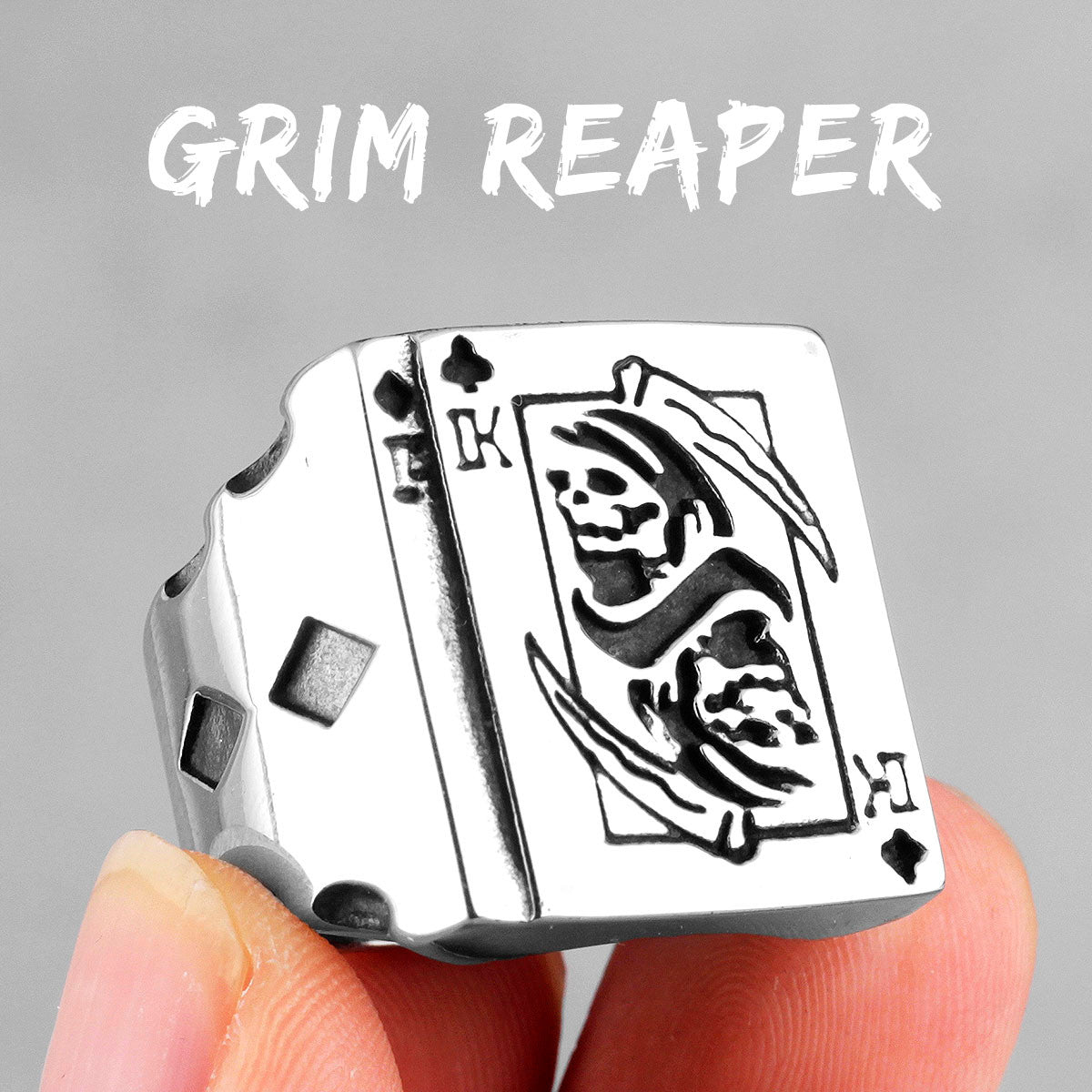 Mens Grim Reaper Poker King No Fade Stainless Steel Street Wear Card Shark Rings