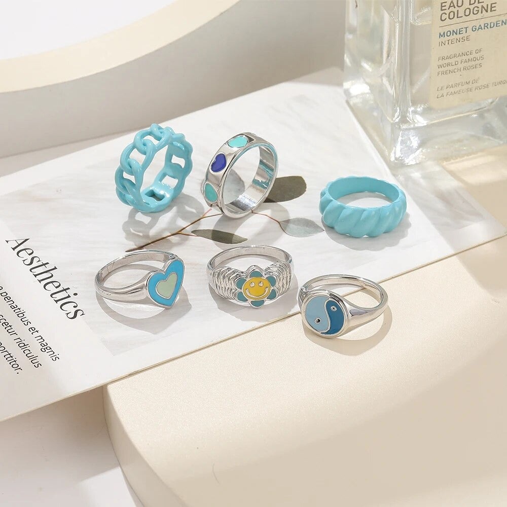Ladies Blue Ocean Cuban Link Yin Yang Sunflower 6 Piece Ring Set