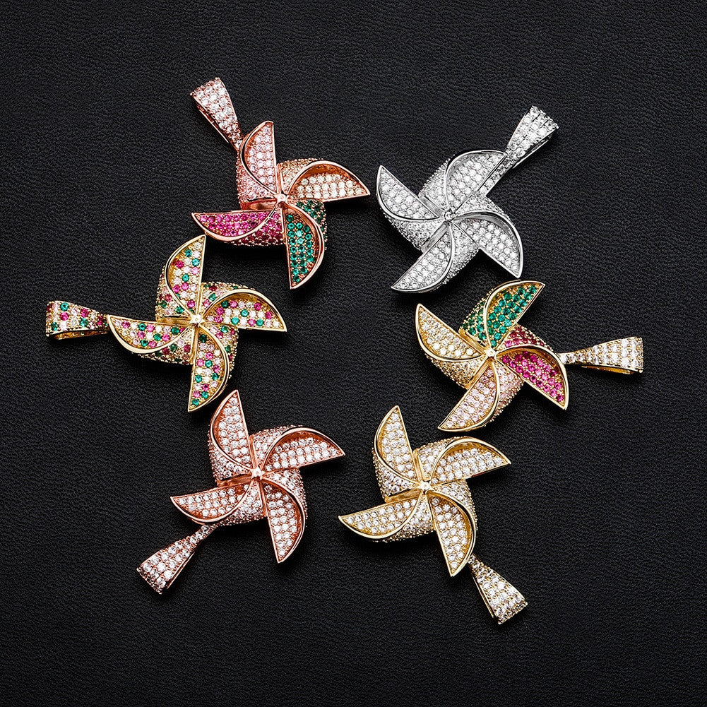 Flooded Ice 14k Gold Silver Rose Gold Rotatable Windmill Hip Hop Pendant Chain Necklace