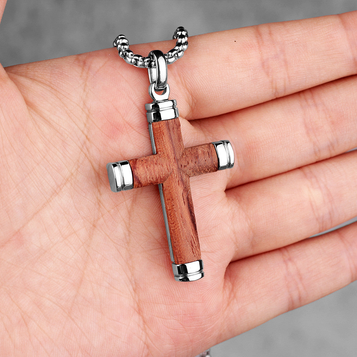 No Fade Stainless Steel Real Rosewood Cross Pendant Chain Necklace