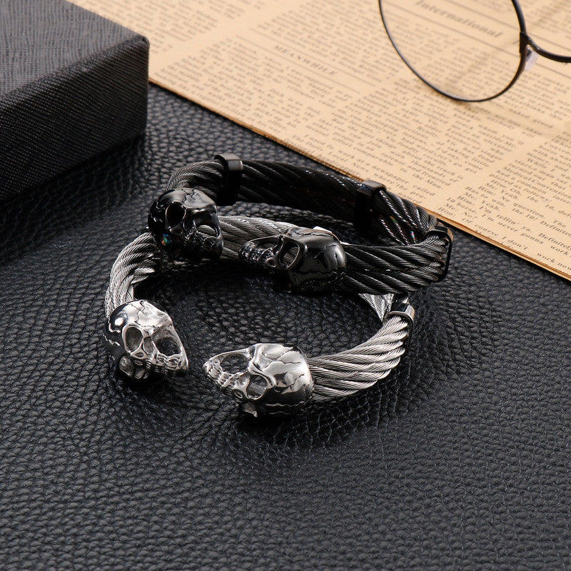 SkullFlex | Mens Double Layer Skull Cable Bangle Stainless Steel Bracelet