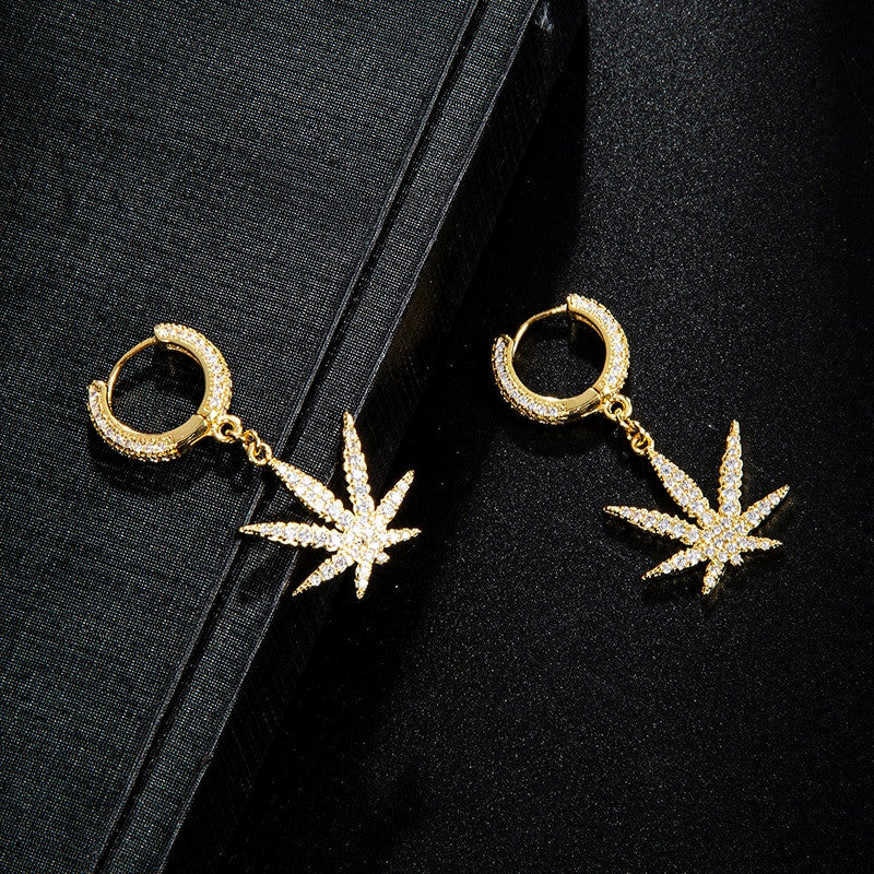 18k Gold 925 Silver AAA Micro Pave Flooded Ice 420 Weed Leaf Plant Huggie Hoop Earrings