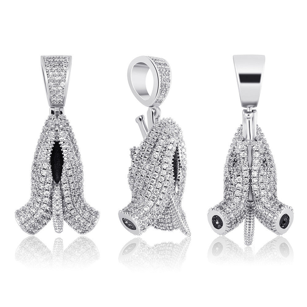 Hip Hop Praying Hand Rugged Cross Prong Set 14k Gold 925 Silver Pendant