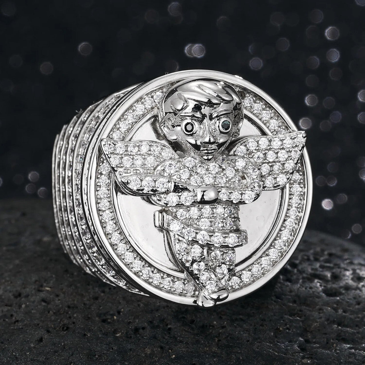 Mens Domination Superior Angel Detailed Prong Set Hip Hop Iced Rings