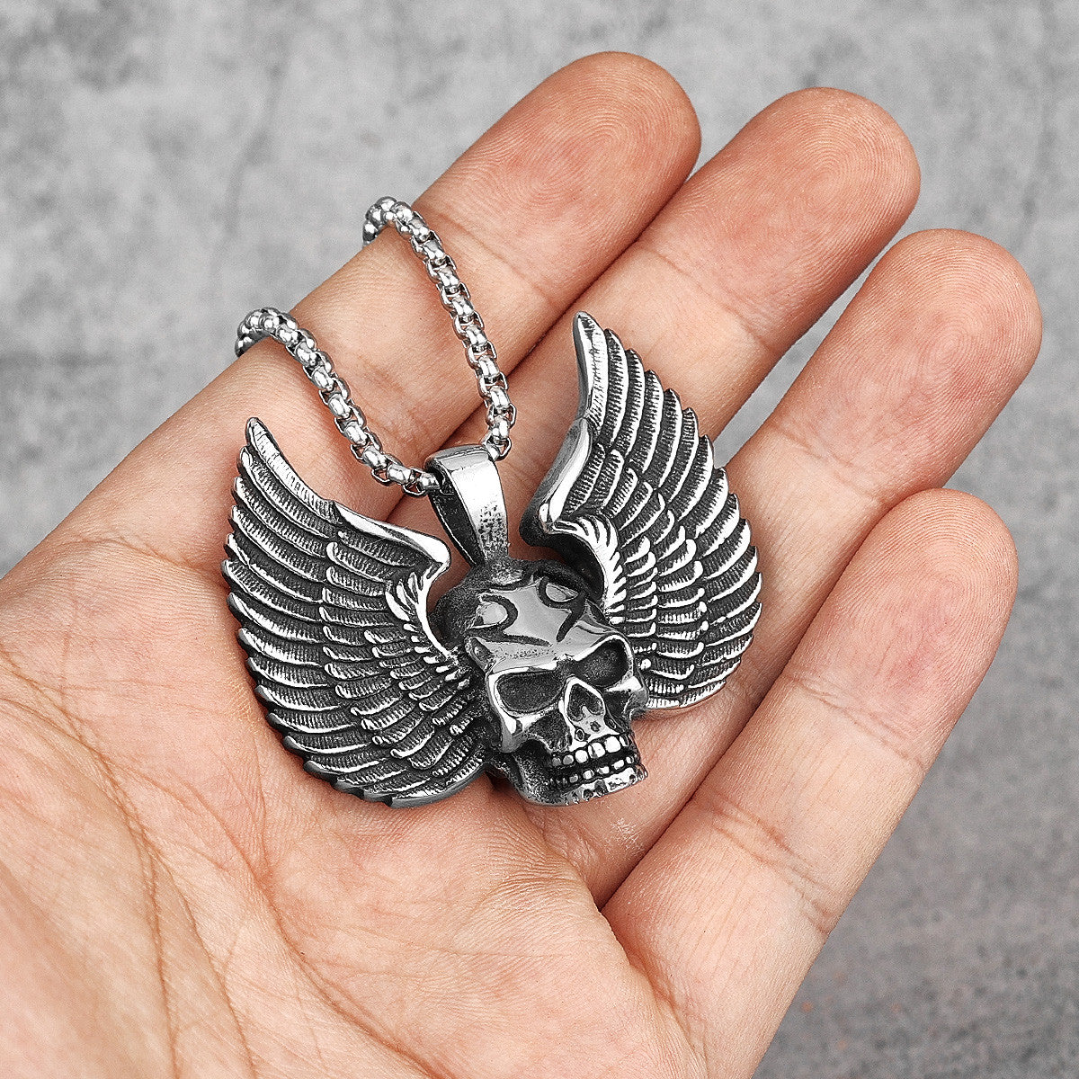 Mens No Fade 316L Stainless Steel Fallen Angel Skull Wings Hip Hop Street Wear Pendant