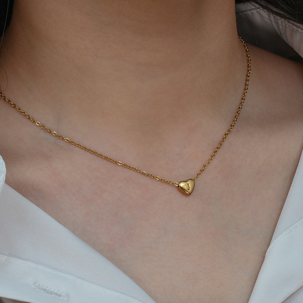 18k Gold Big Love Small Heart Initial Letter Solid Stainless Steel Chain Necklace
