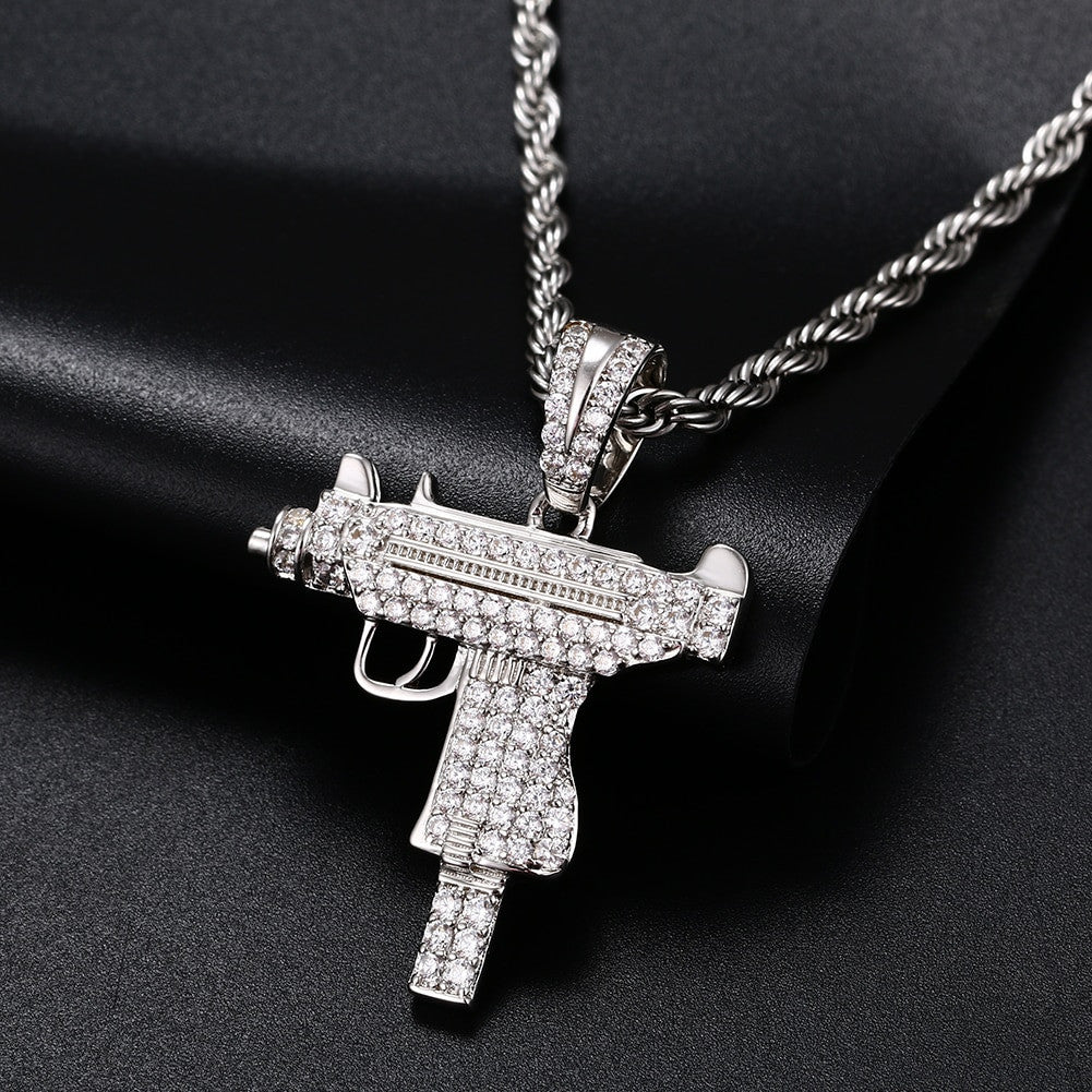 Solid 925 Sterling Silver UZI Machine 5A Diamond Simulate Hip Hop Pendant Chain
