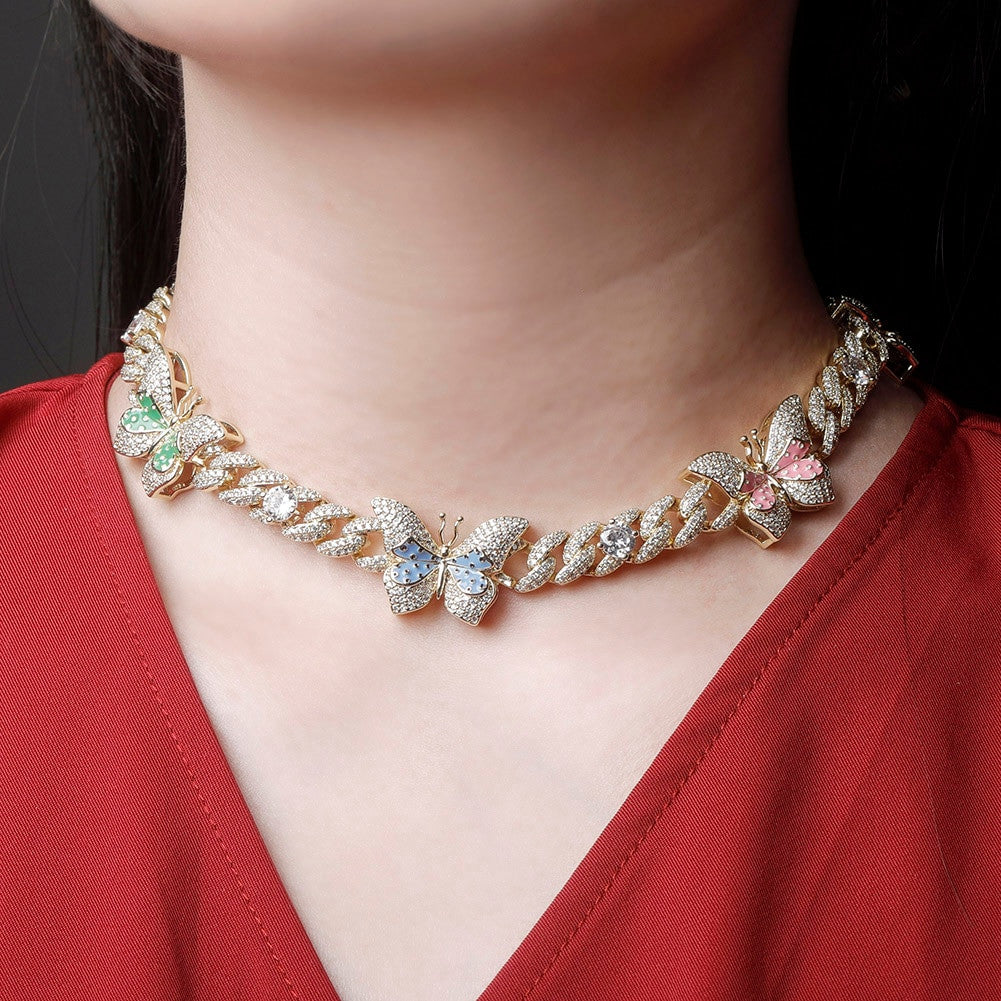 Ladies Double Color Choker Style Butterfly Cuban Link Chain Necklace