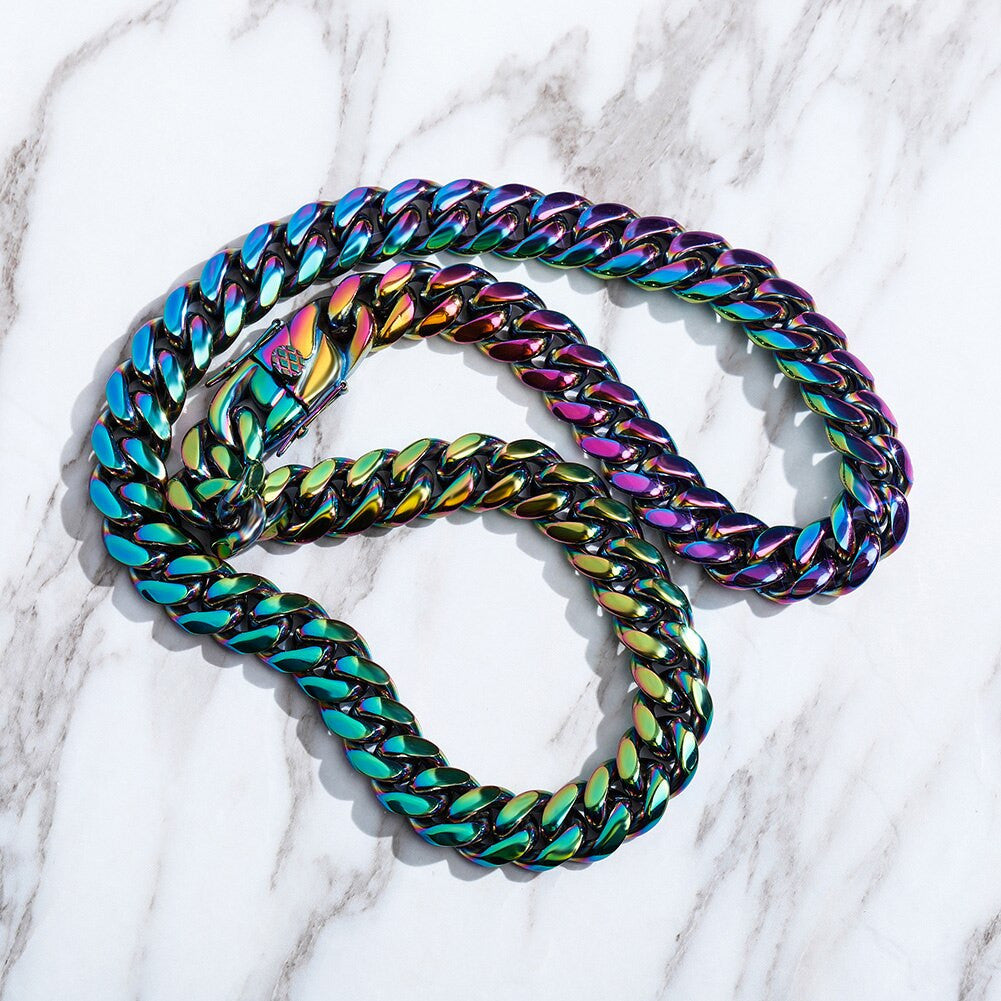 14mm Stainless Steel Fashion Rainbow Color Cuban Link Hip Hop Chain Necklace