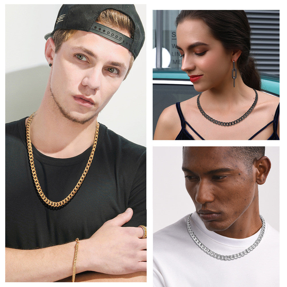 Classic Gold Silver Black Stainless Steel Miami Cuban Link Chain Necklace