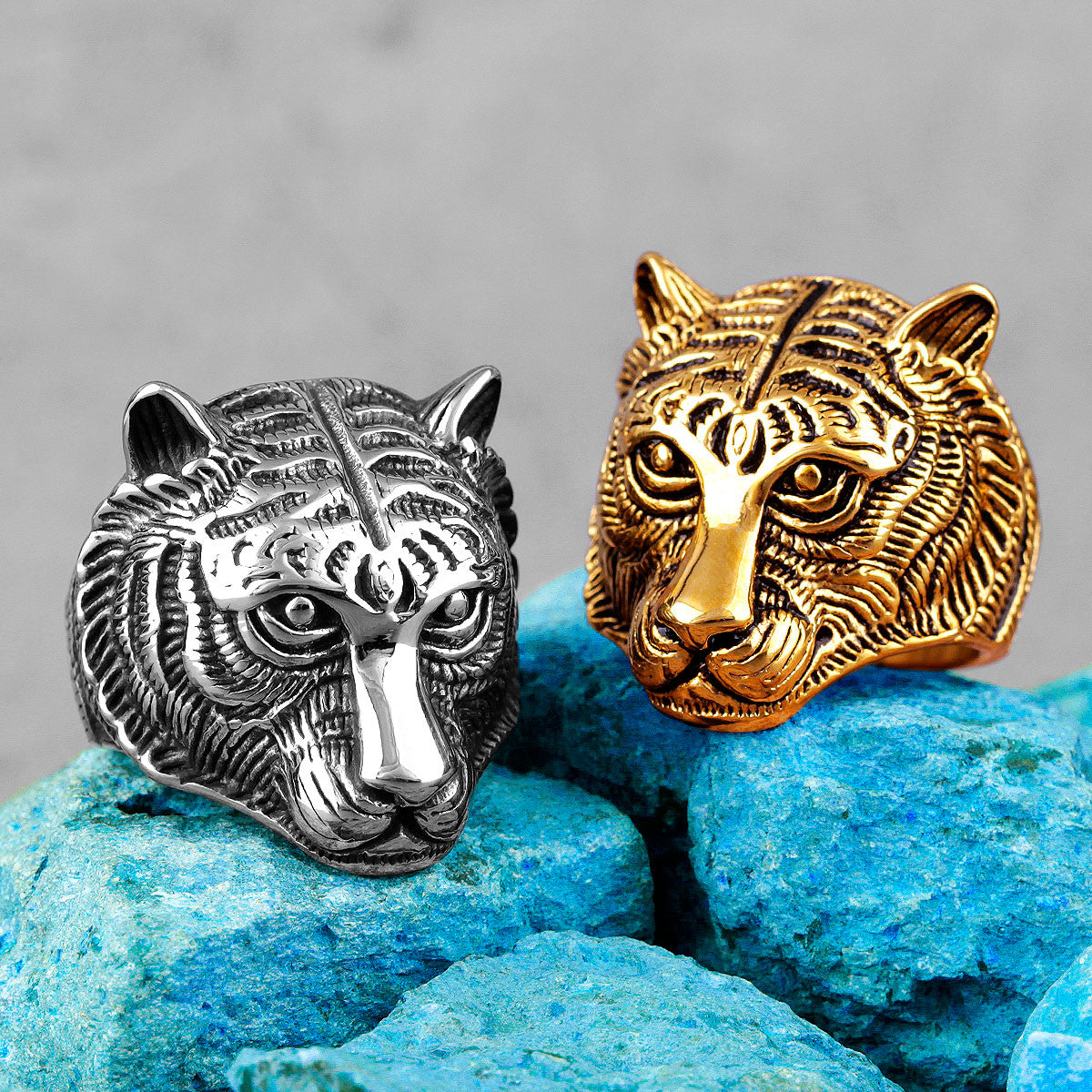 Mens Dominant Male Alpha Tiger No Fade 14k Gold Silver Stainless Steel Rings