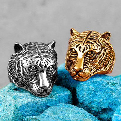 Mens Dominant Male Alpha Tiger No Fade 14k Gold Silver Stainless Steel Rings