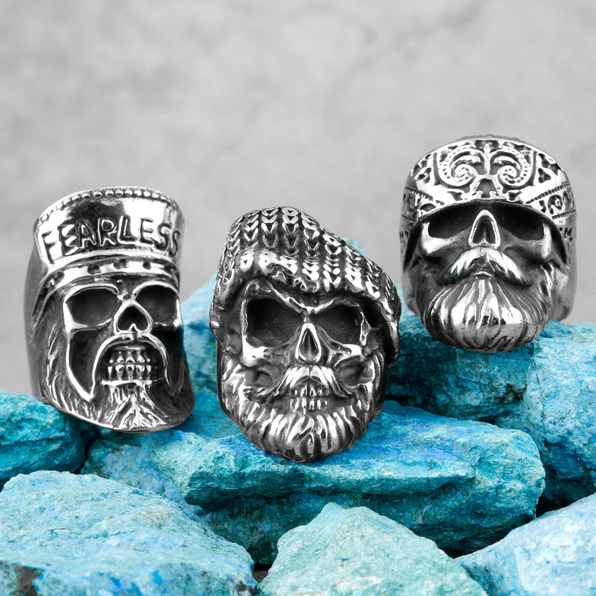 Mens 316L Stainless Steel Undead Biker Bandanna Knitted Hat Street Wear Rings