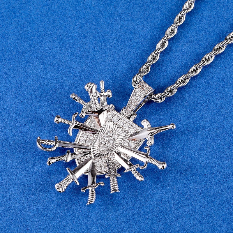 White Gold 18k Gold Shield Dagger Crest Emblem Flooded Ice Pendant Chain Necklace