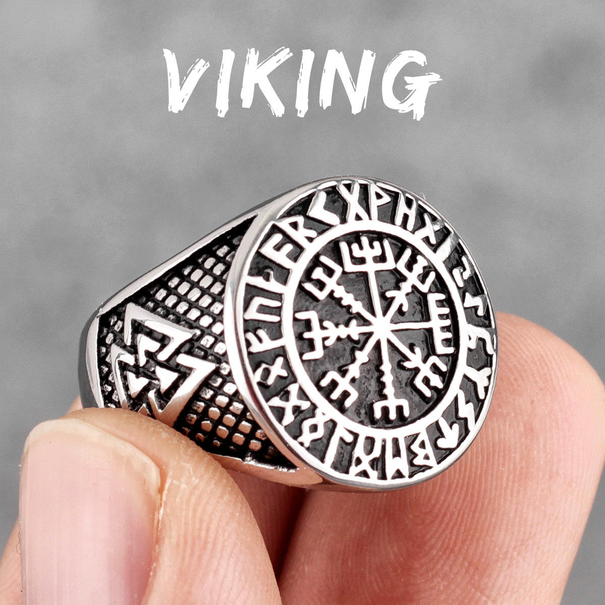 Mens 316L Stainless Steel Viking Mythology Odin Triangle Trident Street Wear Rings