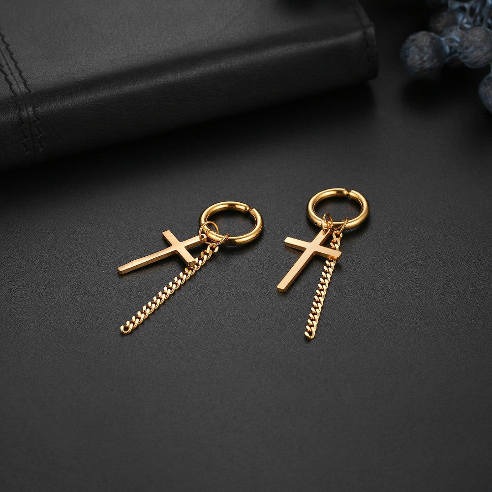 14k Gold Silver Black Cross Chain Hoop Stainless Steel Non Pierced Clamp Bling Earrings