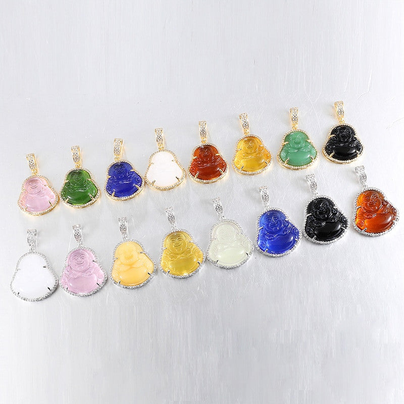 14k Gold Stainless Steel Hip Hop 8 Colors Flooded Ice Buddha Pendant Chain Necklace