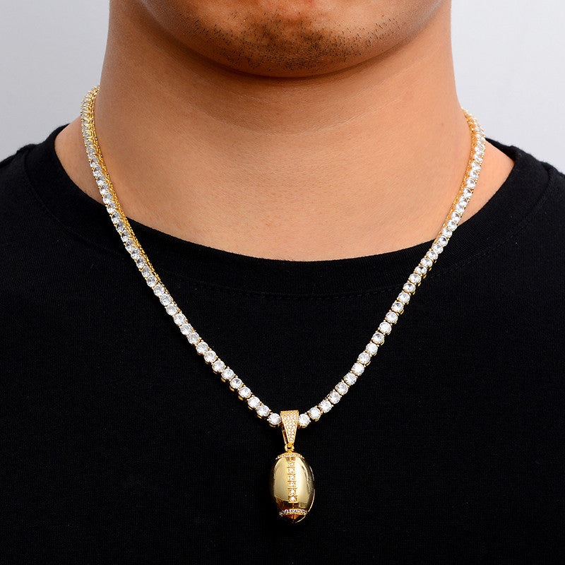 Mens Flooded Ice Hip Hop 18k Gold 3D Football AAA Micro Pave Pendant Chain Necklace