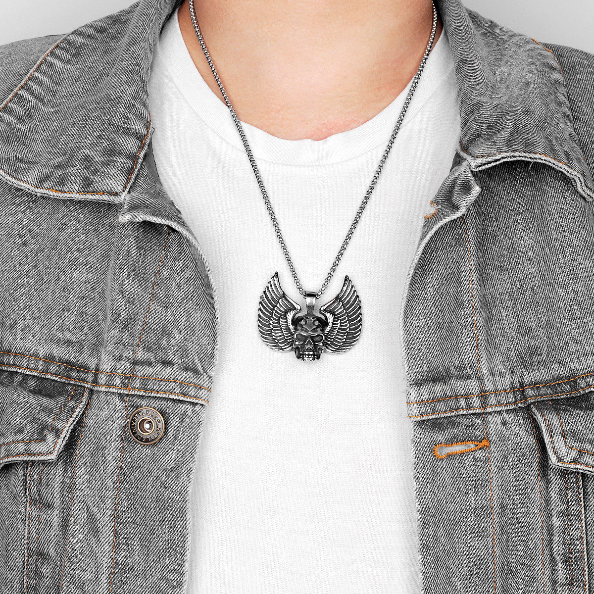 Mens No Fade 316L Stainless Steel Fallen Angel Skull Wings Hip Hop Street Wear Pendant