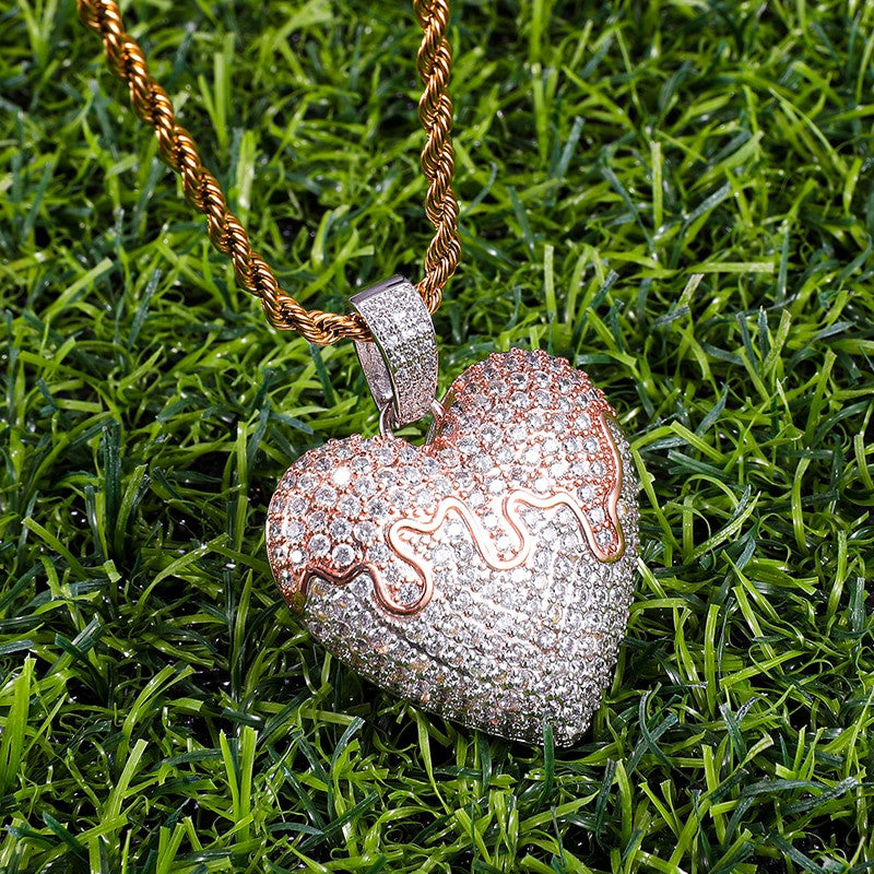 Flooded Ice Covered Heart Solid Back Hip Hop Pendant Chain Necklace