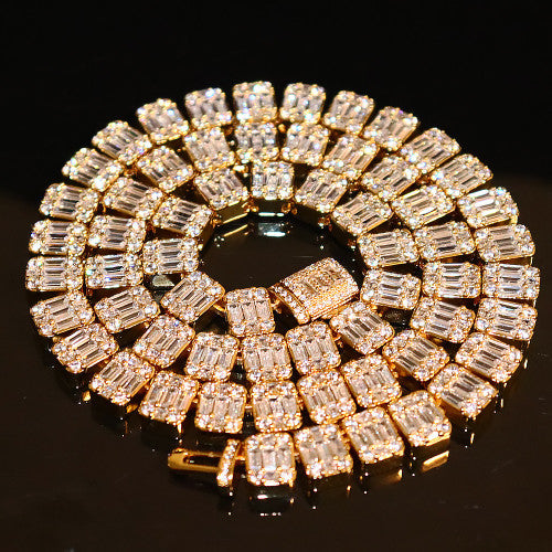 18k Gold .925 Silver Square Baguette Flooded Ice Cluster Chain Necklace