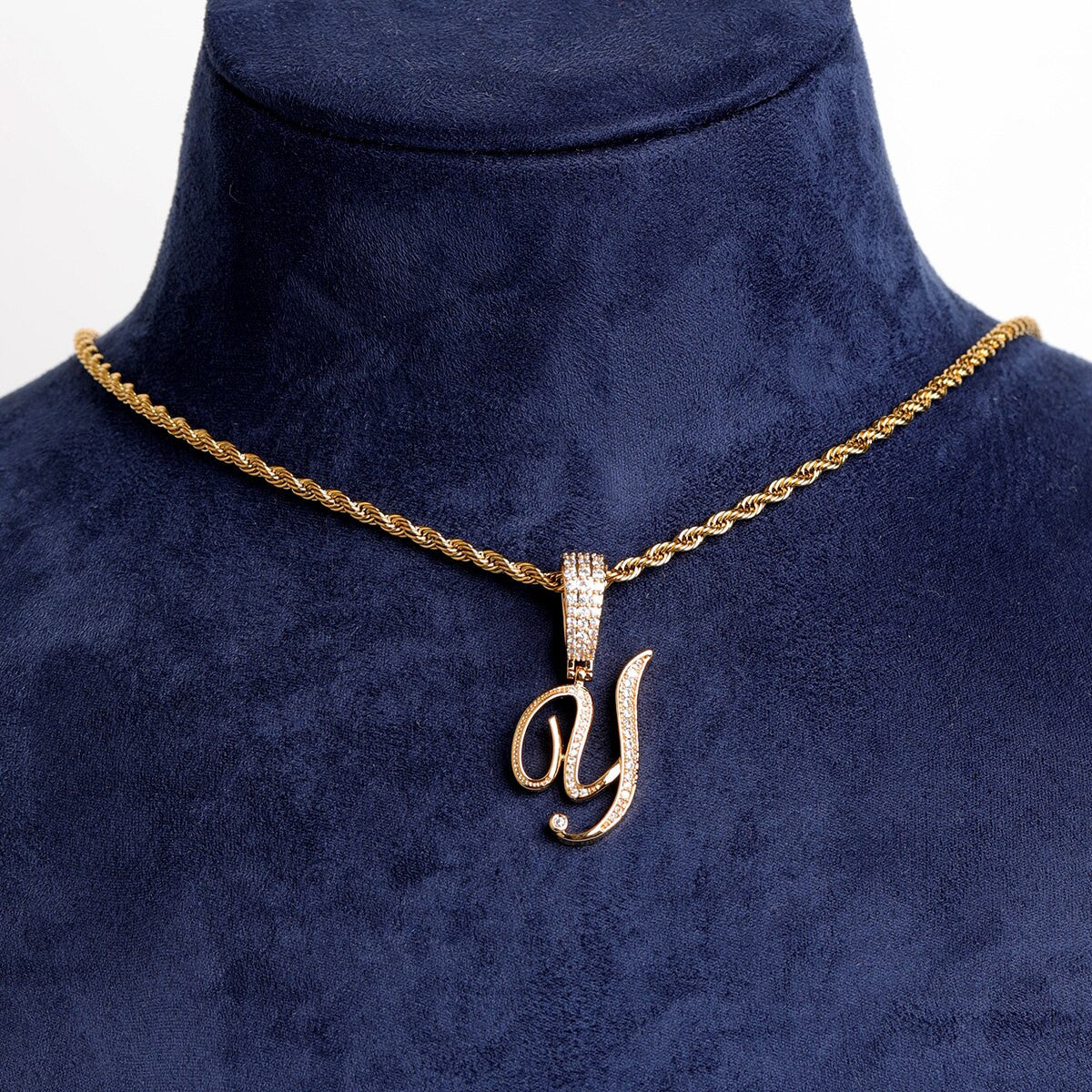 24k Gold .925 Silver 5A Simulate Diamond Cursive Letter Bling Bling Chain Necklace