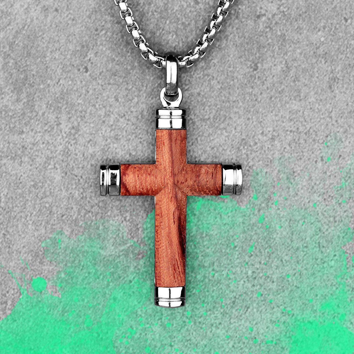 No Fade Stainless Steel Real Rosewood Cross Pendant Chain Necklace