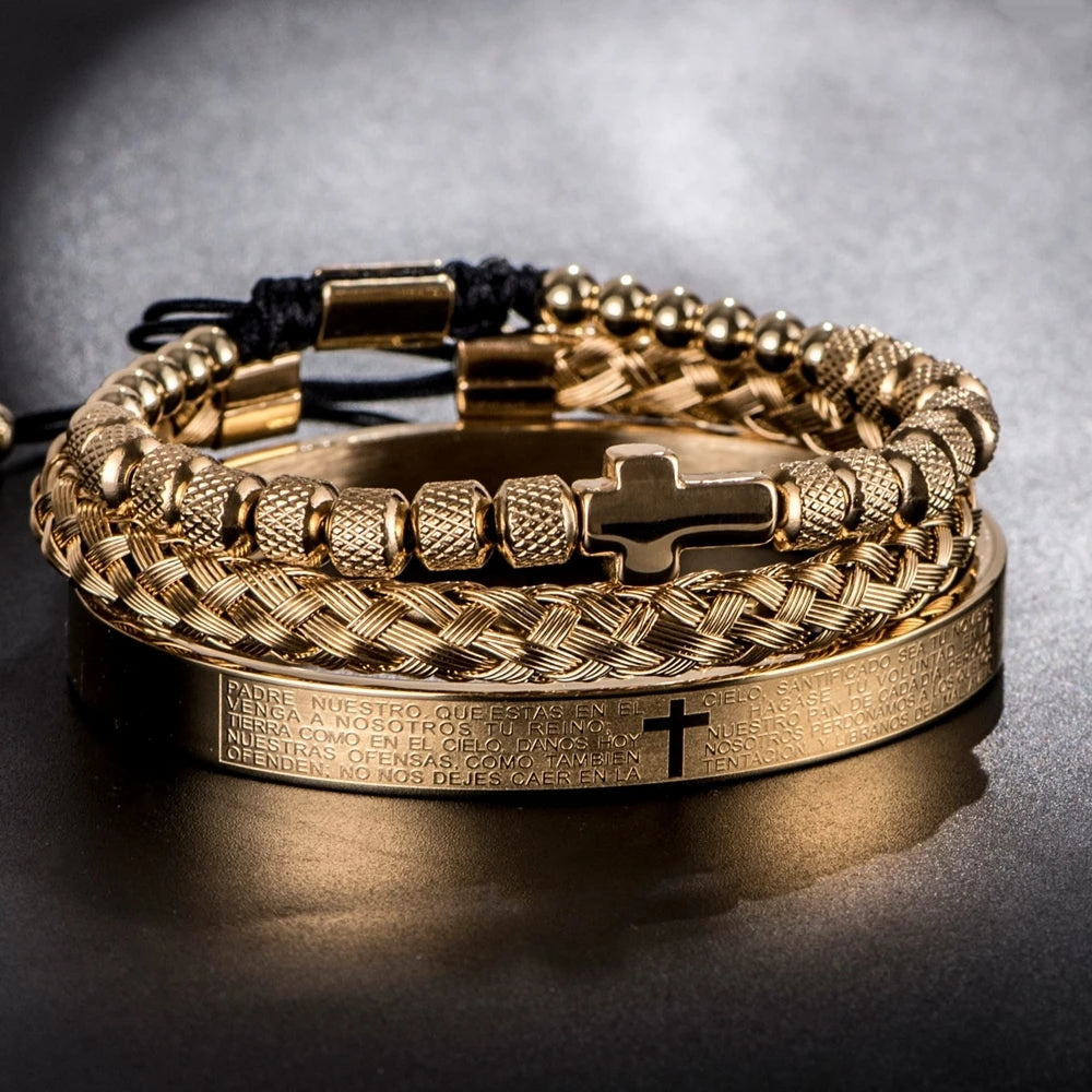 Spanish Scripture Set | 316L No Fade Stainless Steel Luxury 3 Piece Men's Bracelet Set
