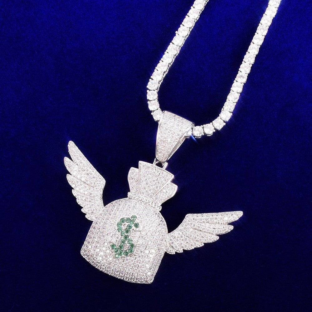 Money Flying To Me Dollar Sign Wings Money Bag Gold Silver Rose Gold Hip Hop Pendant