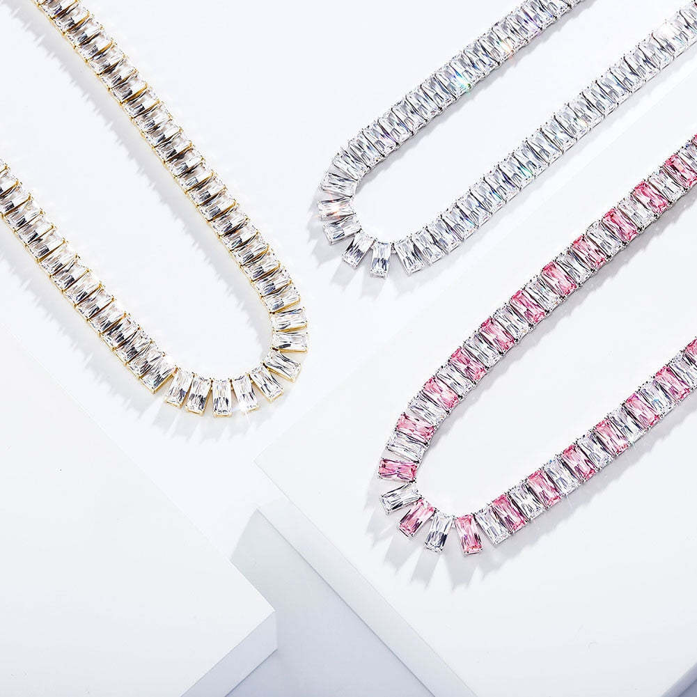 Pink Ice 10mm 14k Gold 925 Silver Baguette Chain Necklace