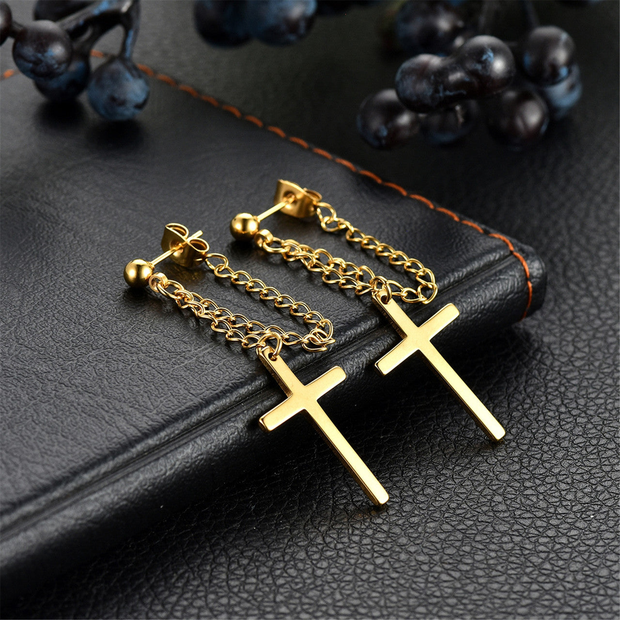 Retro Dangling Stud Cross Gold Black Silver Stainless Steel Chain Earrings
