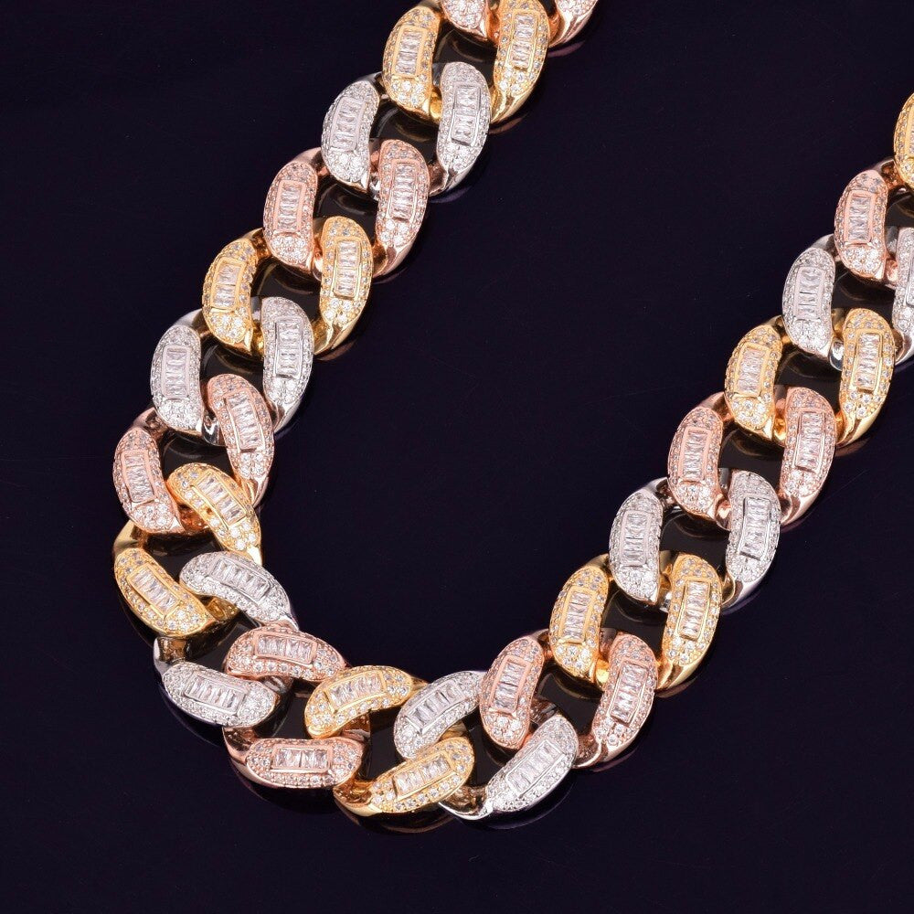 24k Gold .925 Silver Rose Gold Tri-Color Baguette Miami Cuban Link 22mm Floded Ice Chain Necklace