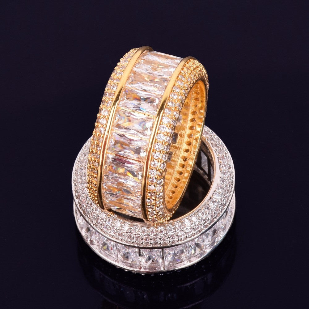 18k Gold Silver Flooded Ice Baguette AAA Micro Pave Stone Hip Hop Rings