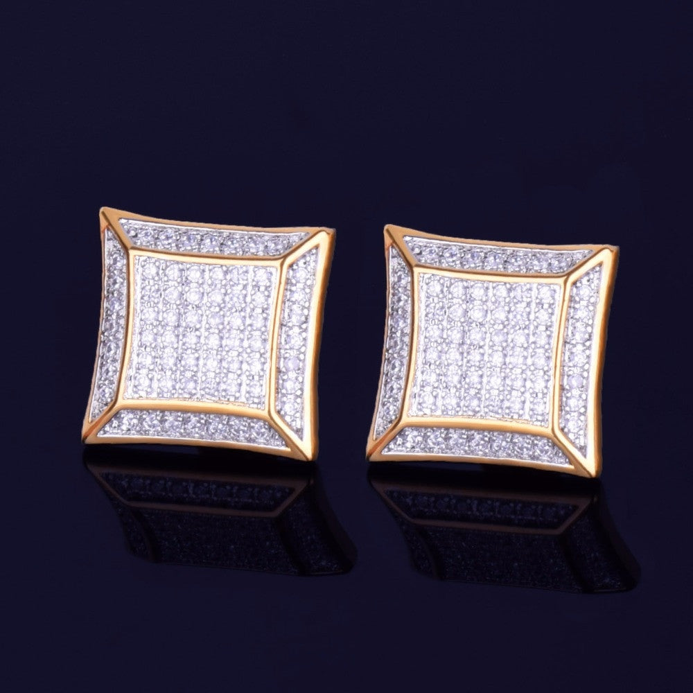 15MM Big Boy Square 14k Gold Silver Flooded Ice Hip Hop Stud Earrings