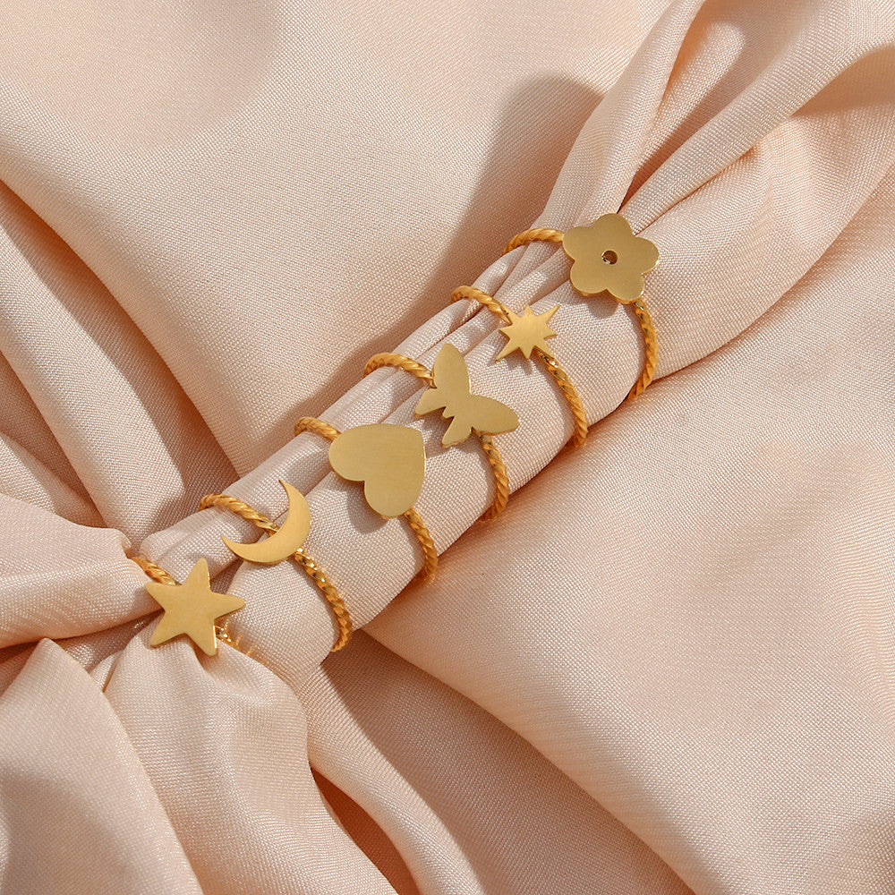 18k Gold Waterproof Stainless Steel Fine Polished Moon Star Heart Flower Adjustable Rings