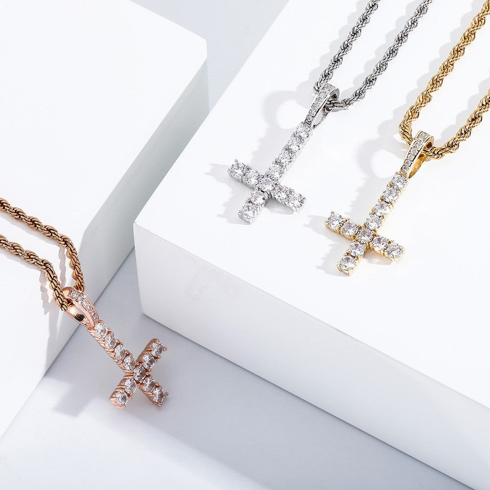 Mens Rose Gold 14k 925 Silver Cluster Stone Upside Down Single Peter Cross Pendant Chain Necklace