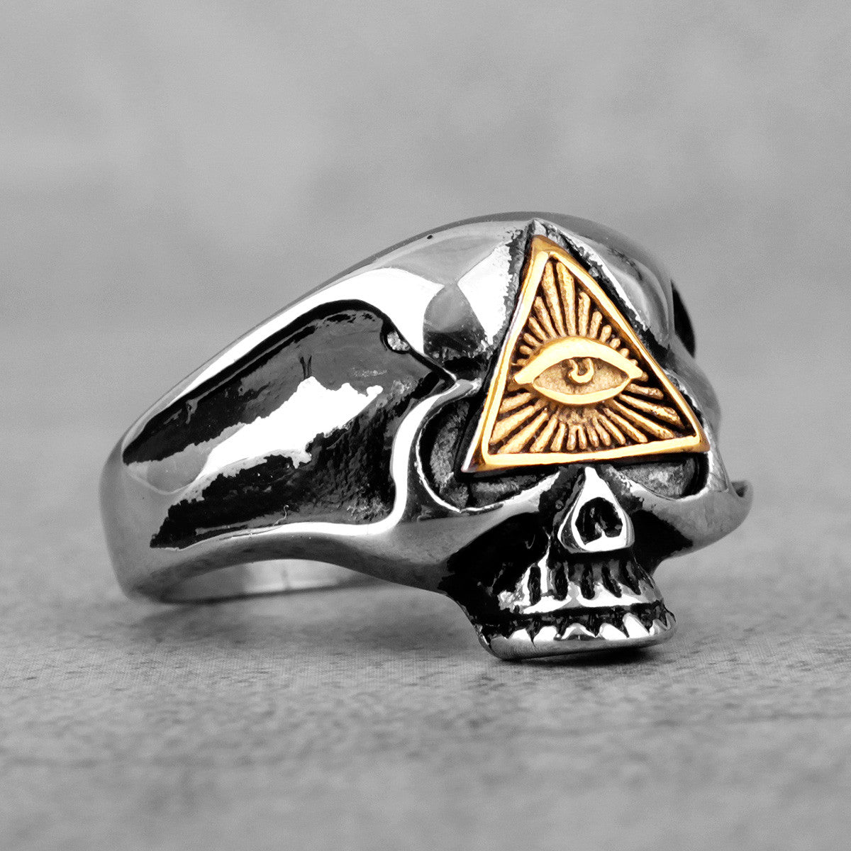 316L Stainless Steel 14k Gold Accents No Fade All Seeing Eye Masonic Skull Rings