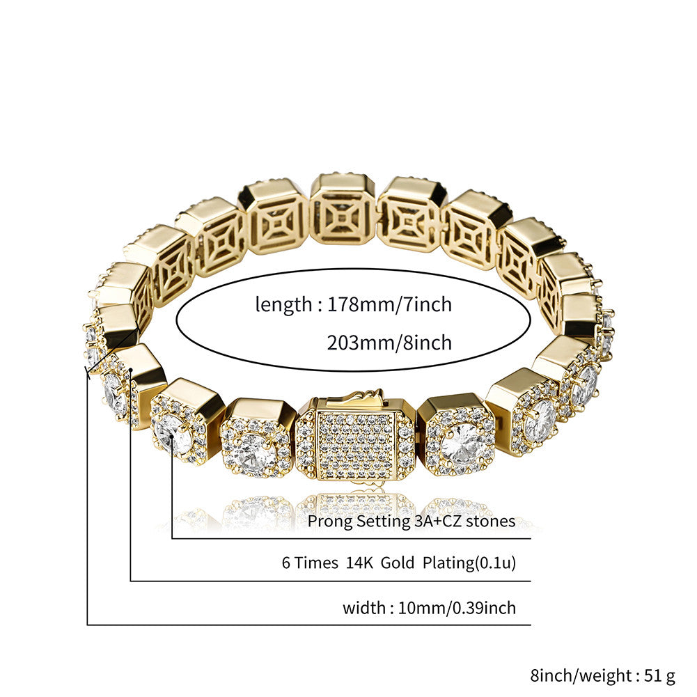 Yellow White Gold VVS Diamond CZ Hip Hop Clustered Stone Spring Clasp Tennis Bracelet