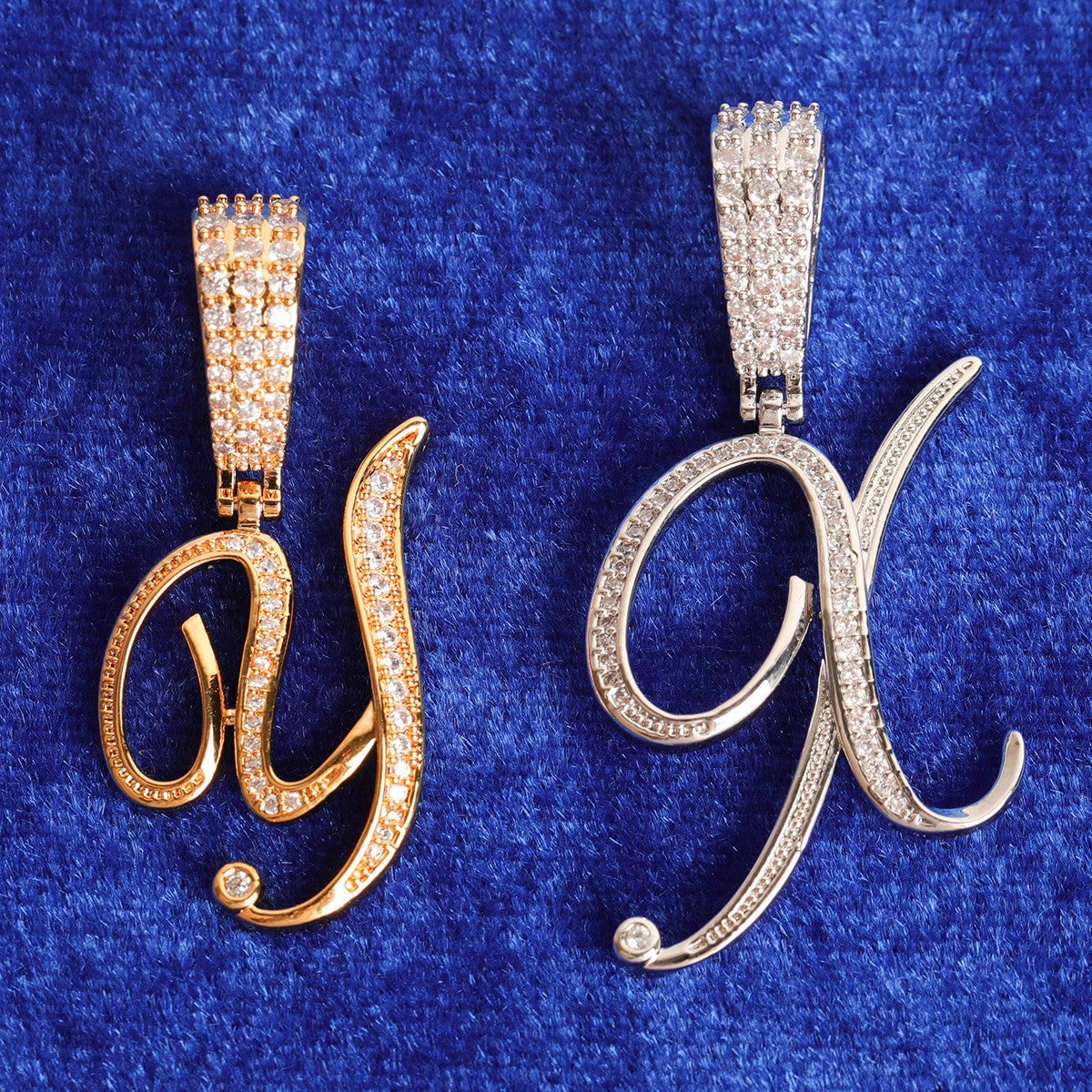 24k Gold .925 Silver 5A Simulate Diamond Cursive Letter Bling Bling Chain Necklace