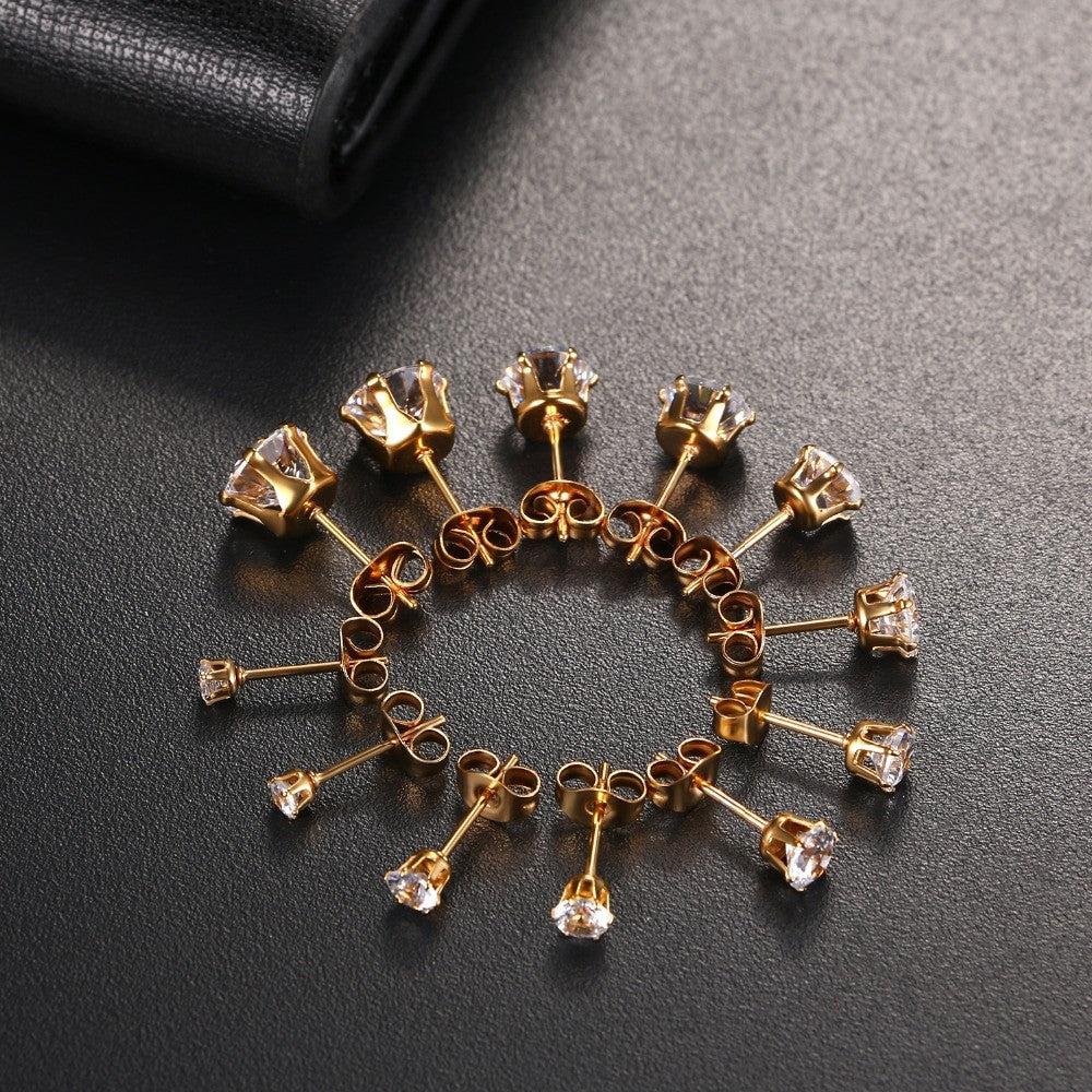 3mm - 8mm Classic Cut Round Cubic Zirconia No Fade Stainless Steel Stud Bling Bling Earrings