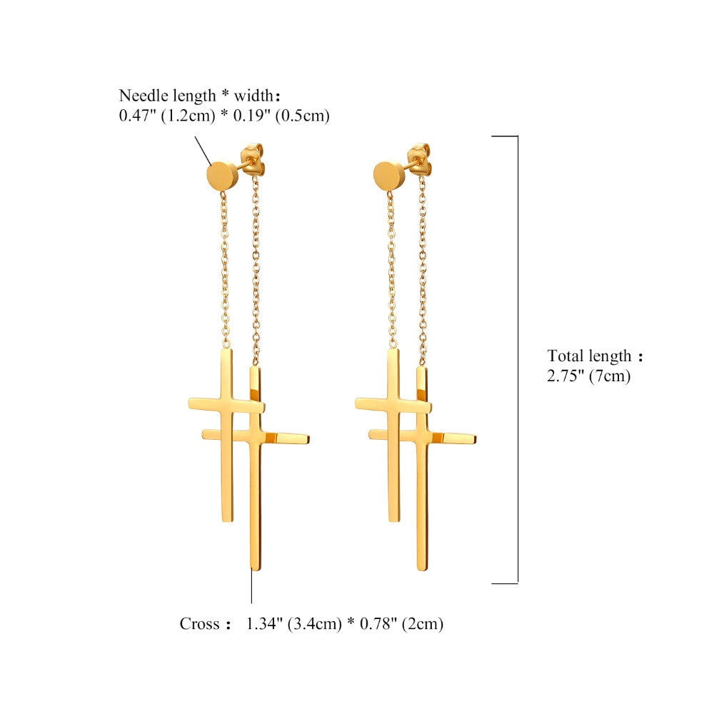 14k Gold Silver over Solid Stainless Steel Dangle Double Cross High Fashion Earrings