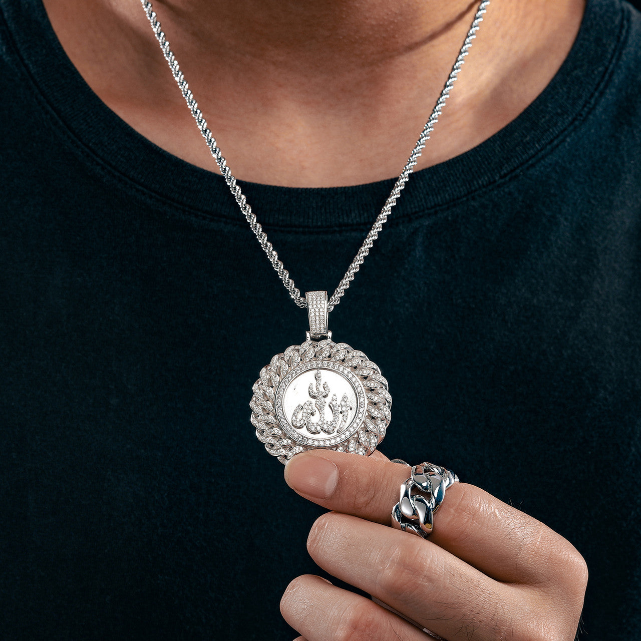 Mens Solid 925 Sterling Silver Allah Flooded Ice Hip Hop Pendant