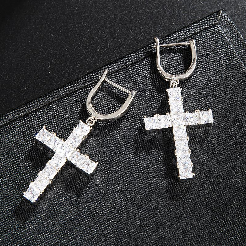 Hip Hop Micro Paved Designer Huggie Cross Flooded Ice Bling Earrings